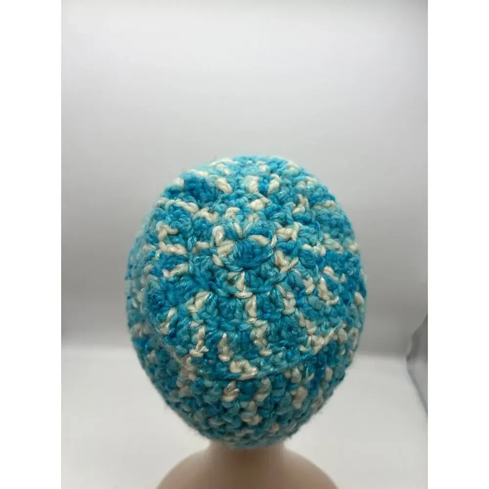 Crochet Blue White Glitter Shimmer Woven‎ Beanie Cap Hat Winter Hat X-Small